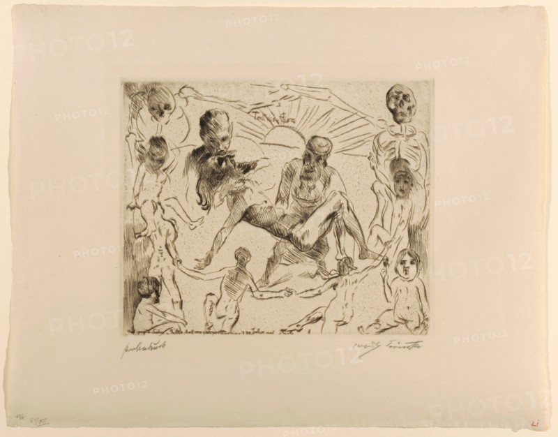 Adam's death, 1911, drypoint with surface tone (watermark: J W ZANDERS), proof, [which condition?, (from 3)], sheet: 39.6 x 50 cm (largest mass) |, Plate: 24.8 x 29.8 cm, O. inscribed in the center in the plate: Todt of Adam, u, ., inscribed in the plate: And begat Soehne u., Daughter, that his whole age was 930 years and died, R. signed in pencil with the inscription: Lovis Corinth, l, ., under the representation in pencil designates: proof, Lovis Corinth, Tapiau/Ostpreussen (heute Gwardjesk, Russland) 1858–1925 Zandvoort