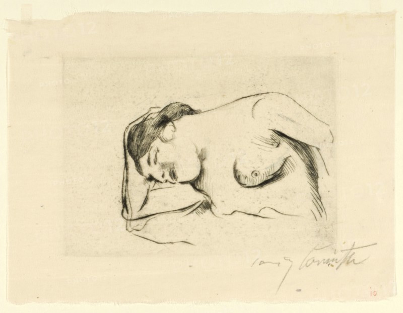 Female nude, asleep, 1910, drypoint on thin translucent paper, [which condition?, (Of 3)], Black: Only 12 Prints, Sheet: 16.5 x 21.8 cm (largest mass) |, Plate: 11.9 x 16 cm, R. under the illustration signed in pencil: Lovis Corinth, Lovis Corinth, Tapiau/Ostpreussen (heute Gwardjesk, Russland) 1858–1925 Zandvoort