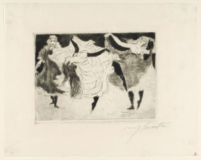 Dancers, 1895, Vernis mou and Roulette on thin translucent paper, 2nd condition (from 2), sheet: approx. 24 x 30.2 cm |, Plate: 14.6 x 19.7 cm, U. l., monogrammed and dated in the plate: LC [ligated] 95, r., Signed below in pencil: Lovis Corinth, Lovis Corinth, Tapiau/Ostpreussen (heute Gwardjesk, Russland) 1858–1925 Zandvoort