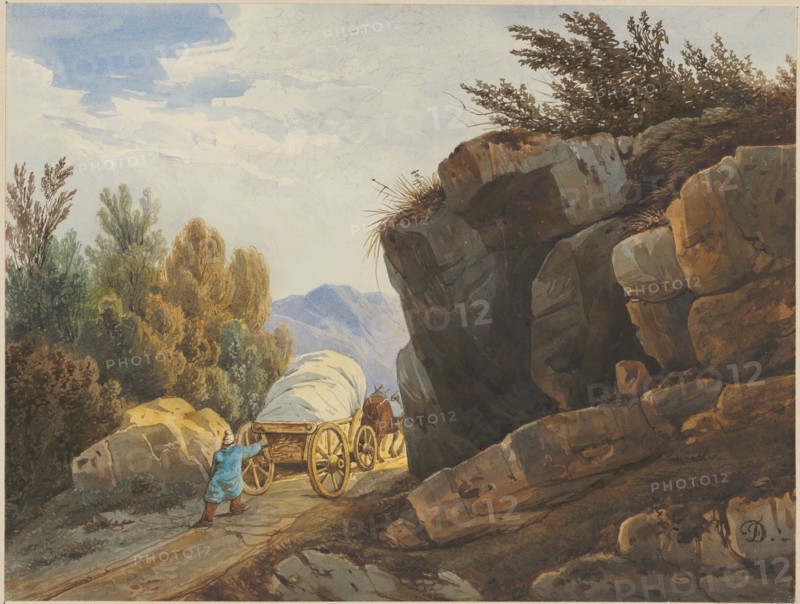 High loaded wagon on mountain path, pencil, watercolor, mounted, leaf: 19.1 x 25.4 cm, U. r., monogrammed with a brush: FD [ligated], on the base sheet u., l, ., signed with pen: F. Diday, inscribed in pencil on the back: hem, François Diday, Genf 1802–1877 Genf