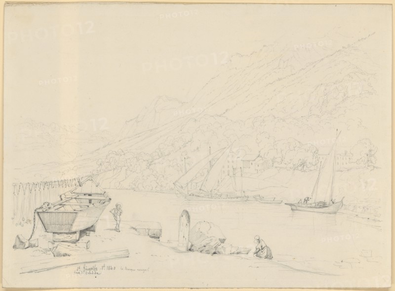 St. Gingolph., La Barque rouge, October 1840, pencil, sheet: 27.6 x 37.8 cm, U. r., inscribed and dated in pencil: St Gingolfe: 8b 1840 La Barque rouge, Lac d., Genève, Johann Jakob (II.) Ulrich, Andelfingen/Zürich 1798–1877 Zürich