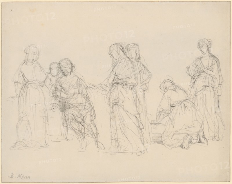 Composition sketch with six women in front of a seated man, chalk in black and brown, sheet: 18.1 x 22.9 cm, U. l., Signed in pencil: B. Menn, Barthélemy Menn, Genf 1815–1893 Genf
