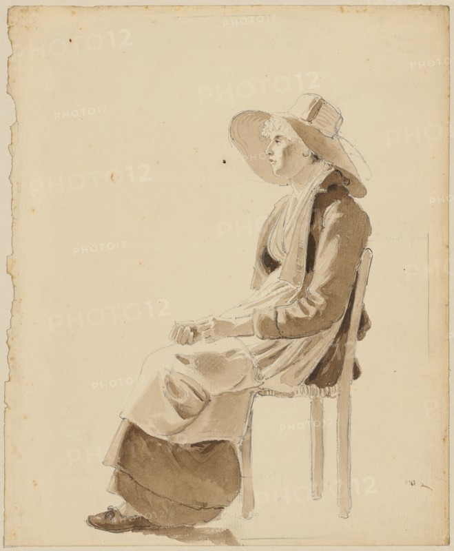 Seated woman with wide-brimmed hat to the left, pencil, washed in brown, leaf: 22.9 x 18.9 cm, Wolfgang Adam Töpffer, Genf 1766–1847 Morillon bei Genf