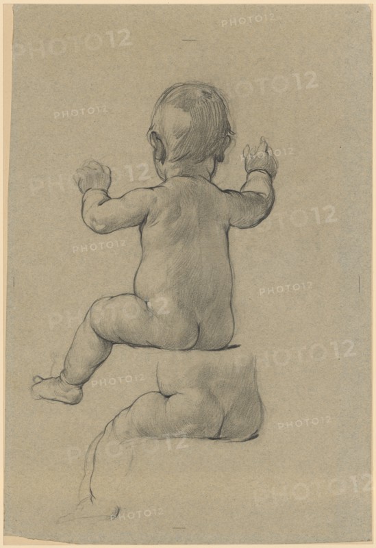 Sitting child act, back view, pencil on gray-blue paper, mounted, leaf: 34.7 x 23.6 cm, not marked, Anselm Feuerbach, Speyer 1829–1880 Venedig