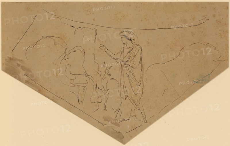 Athena reveals Orest, (1874), pen in brown on brownish paper, mounted, Leaf: 7.4, 15.5 x 24.7 cm (largest mass), Not specified, Anselm Feuerbach, Speyer 1829–1880 Venedig