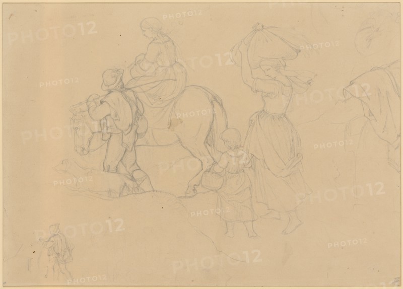 Homecoming of country people (staffage study), pencil, mounted, leaf: 26 x 36.5 cm, unmarked, (Adrian) Ludwig Richter, Dresden (Friedrichstadt) 1803–1884 Dresden (Dresden-Loschwitz?)