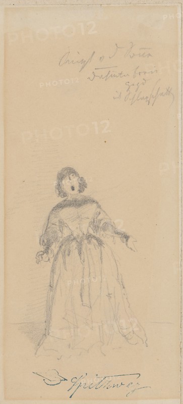 Singer, (c. 1850-1860), pencil, sheet: 17.3 x 8 cm, O. r., inscribed in pencil: s ingt v d sone [n with cross bar above], behind it with blank, pad, with drop shadow, Carl Spitzweg, München 1808–1885 München