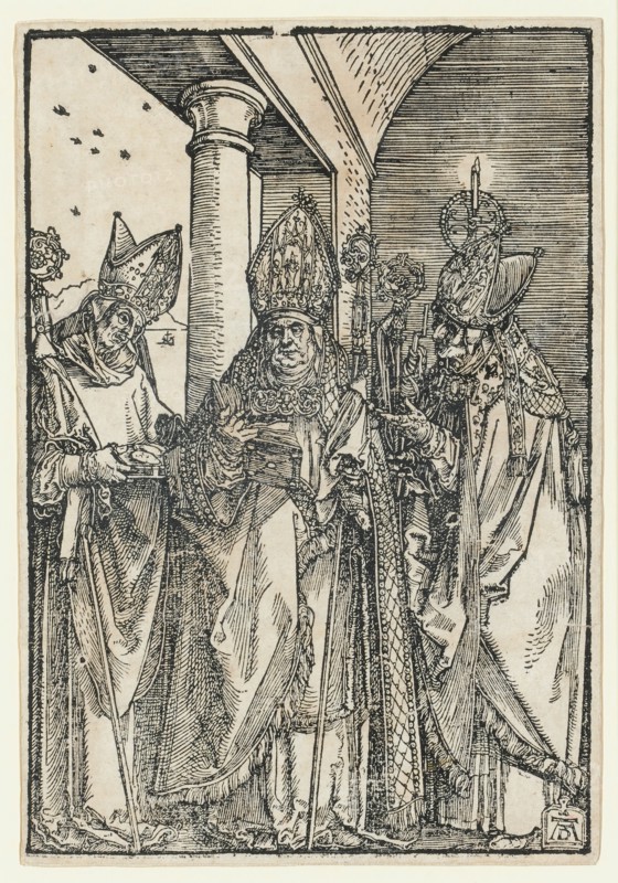 The Holy Bishops Nicholas, Ulrich and Erasmus, around 1505 (print later), woodcut, image: 21.3 x 14.3 cm, U. r., monogrammed on a writing tablet: AD, Albrecht Dürer, Nürnberg 1471–1528 Nürnberg