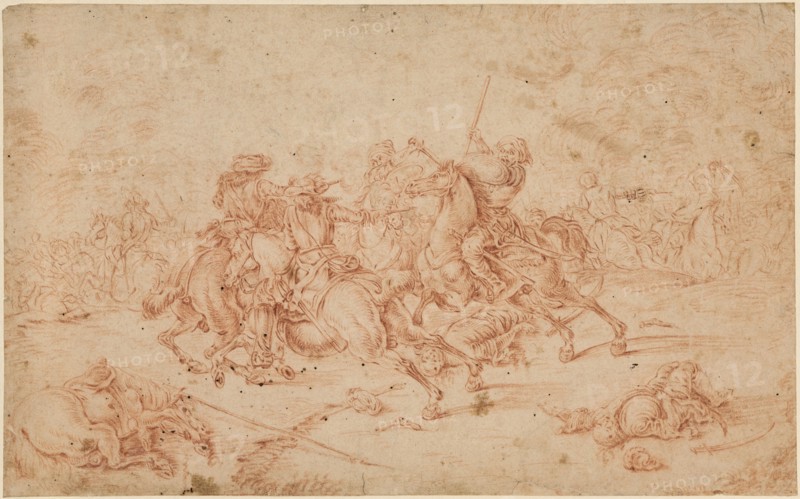 Cavalry battle between the Imperial and the Turks, red chalk, on slightly brownish paper, detached from older mount, laminated, leaf: 19.9 x 32 cm, inscribed on the reverse in pencil: Eisenmann, Georg Philipp Rugendas (1), Augsburg 1666–1742 Augsburg