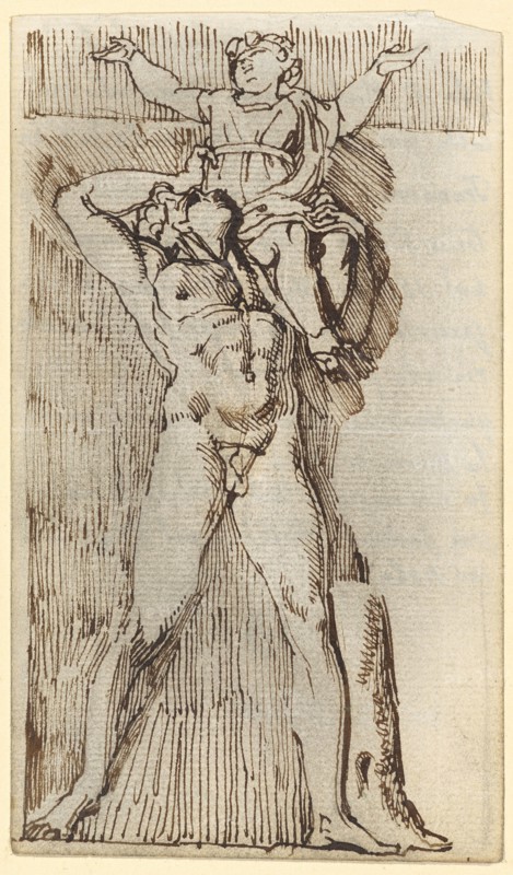 Naked youth, carrying a child in Chlamys with cloak on his left shoulder, 1790/1800, pen in brown, rubbed with pencil, mounted, sheet: 15.6 x 8.7 cm, on the back (translucent): at least 12 lines of handwritten text, Johann Heinrich Füssli, Zürich 1741–1825 Putney Hill b. London
