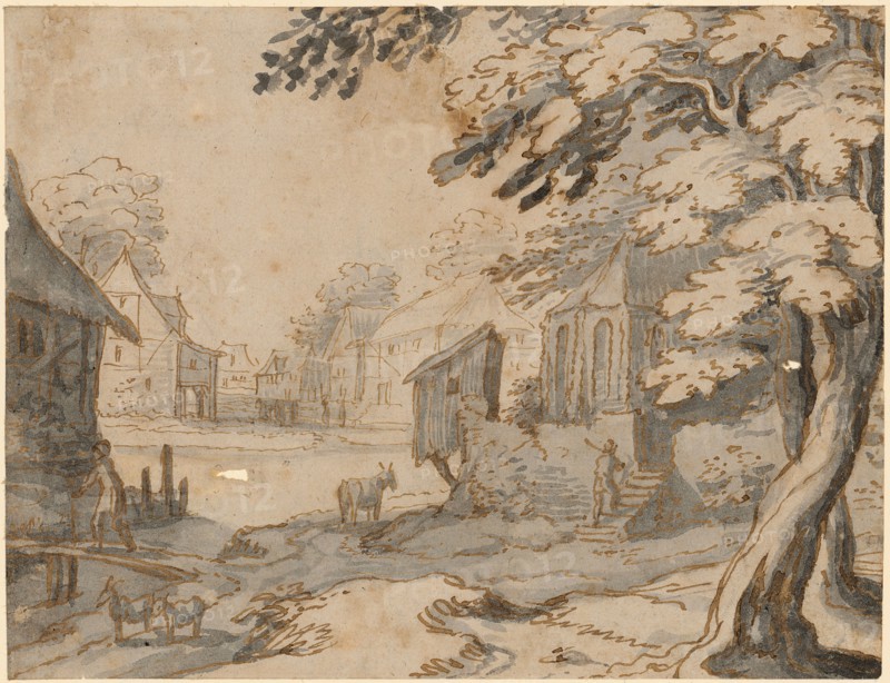 Village landscape with brook and gothic chapel, around 1622, pen in brown, gray wash, above sketch with black pencil, sheet: 11.9 x 15.6 cm, unsigned, Matthäus Merian d. Ä., Basel 1593–1650 Bad Schwalbach