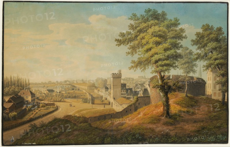 View from the Elisabethenschanze to the Rundbastion, to the Steinentor and the Steinenschanze in Basel, 1866, feather in gray, watercolor and cover color on paper, some gum arabic, mounted on paper, Rectangle border in black, leaf, image: 47 x 73.8 cm (largest mass), U.l., Signed and dated in white with pen: j., j, ., Cutter., 1866th, Johann Jakob Schneider, Diegten/Baselland 1822–1889 Basel