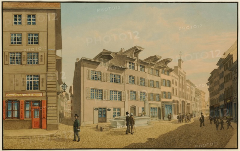 Stäblinsbrunnen (= Simson Fountain) and former housing complex on the grounds of the New Post Office building in Basel, pen in gray brown over pencil, watercolor and cover color on paper, Rectangle border in black, leaf: 34.6 x 55.3 cm (largest mass), Johann Jakob Schneider, Diegten/Baselland 1822–1889 Basel