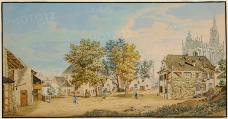 Courtyard of the Maria Magdalenenkloster (Reverends) in the Steinen in Basel, 1870, pen in black, watercolor and cover color on paper, Rectangle border in black, leaf: 29.5 x 57 cm, U.l., Signed and dated in black with pen: fecit J. J. Schneider 1870., Johann Jakob Schneider, Diegten/Baselland 1822–1889 Basel