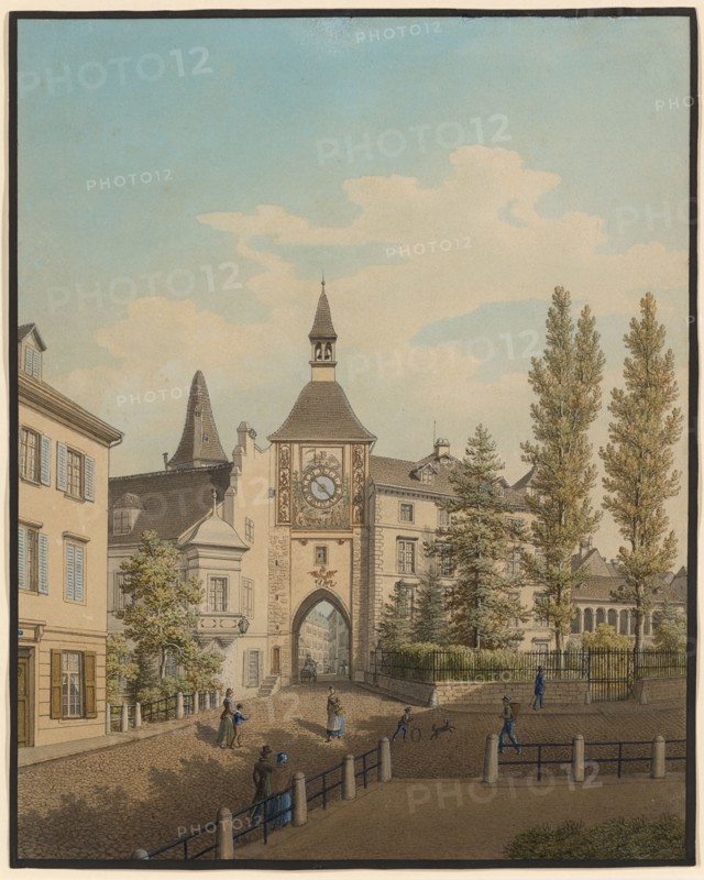 View over the Totentanz on the Seidenhof, the St. Johanns Schwibbogen and the Erimanshof in Basel, feather in gray brown and black, watercolor, body color and some gum arabic on paper, Rectangle border in black, leaf: 40.2 x 32.3 cm (largest mass), Anton Winterlin, Degerfelden/Baden 1805–1894 Basel