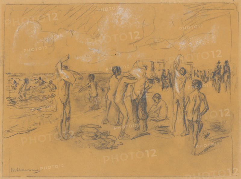 Bathers on the beach, 1904/1906, pencil, heightened in white, on yellowish paper, Rectangle border with pencil, sheet: 26.4 x 37.7 cm |, 18.3 x 25 cm, in the illustration u., l, ., signed in pencil: MLiebermann, Max Liebermann, Berlin 1847–1935 Berlin
