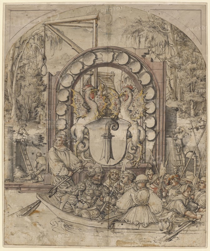 Design for a wall painting or a glass painting with the legendary founding of Basel, around 1517/18, feather in black, traces of a preliminary drawing with black pencil, gray washed, partly colored in watercolors, composed of two arches, cut out semicircular at the top along the contours, whole sheet, laminated and top added to the rectangle, page: 54.7 x 45.9 cm, inscribed on the breastplate of the skeleton: BASILIVS., Ambrosius Holbein, (Umkreis / circle), Augsburg um 1494 – um 1519 Basel (?), Hans Holbein d. J., (Umkreis / circle), Augsburg um 1497/98–1543 London