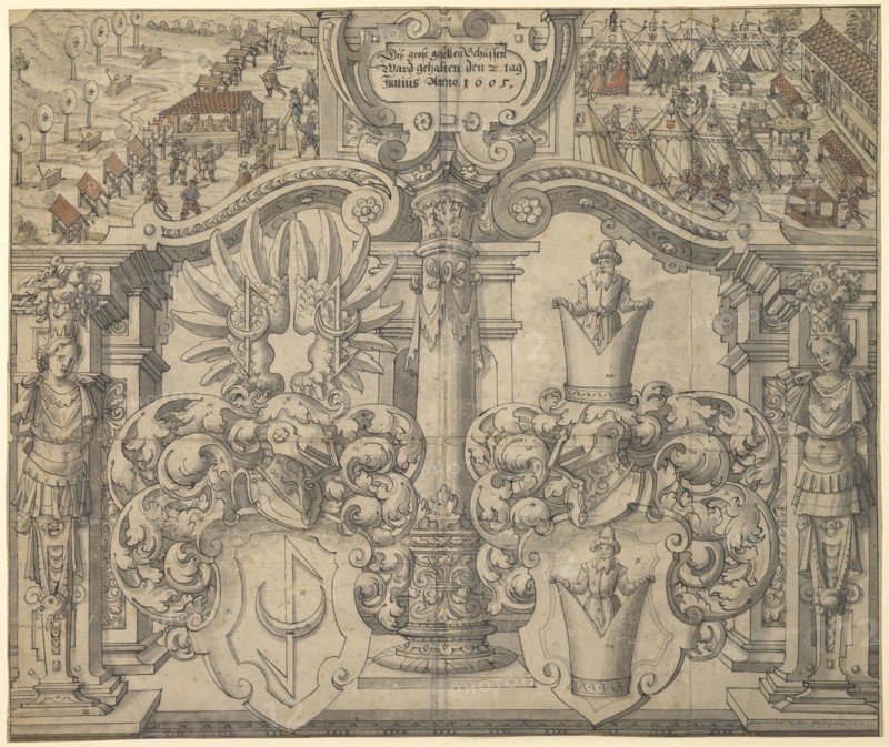 Broken glass with the coats of arms Lukas Martin and Heidelin, in the upper picture the journeyman shooting in front of the Basel shooting club in 1605, 1611, feather in black, gray washed, in places colored watercoloured, mounted, sheet: 48 x 57.4 cm, OM marked: Disz large joined shots, was held the 2nd day, Junius Anno 1605, u, ., r., signed and dated: Jeronimus vischer., glasmoler, ., 1611, ., color, Hieronymus Vischer, Basel 1564–1630 Basel