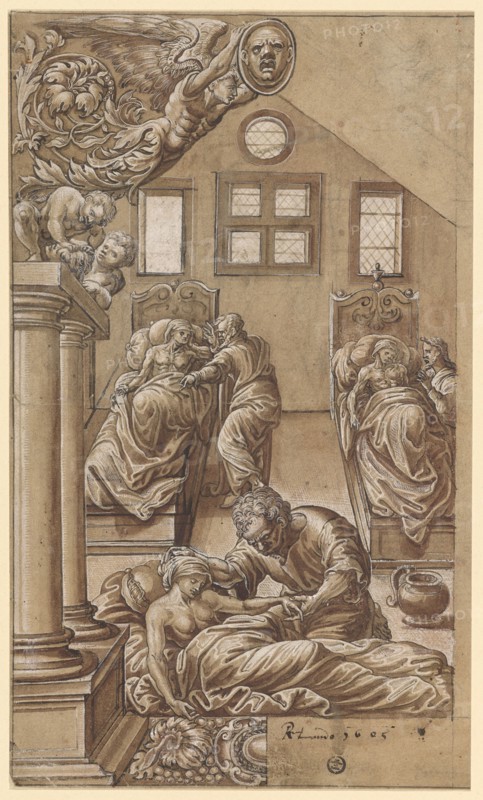 Slice tear to comfort the sick, around 1545, feather in black and brown, brown and light brown watercolored, heightened in white, in some areas light brown tinted paper, corrections with white, remains of a preliminary drawing with black pencil, backed with thin Japanese paper, page: 31.1 x, 18.5 cm, Not marked, David Joris (Jorisz.), Brügge (?) oder Gent 1501 (oder 1502) – 1556 Basel