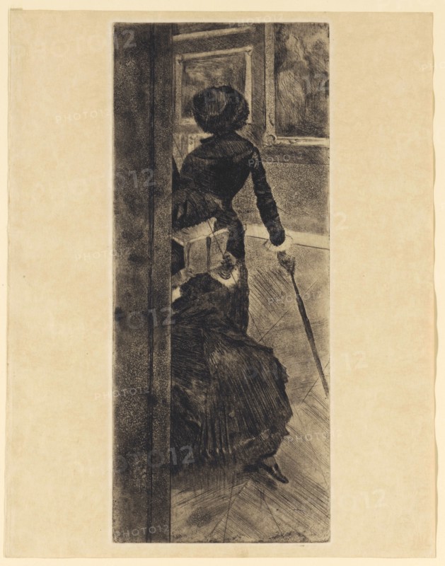 Mary Cassatt au Louvre: les peintures, 1879/80, etching, vernis mou, aquatint and drypoint, print of the double-crossed plate, 20th condition (from 20), crossed-out plate, sheet: 31.9 x 24.9 cm |, Plate: 30.3 x 12.6 cm, Edgar Degas, Paris 1834–1917 Paris