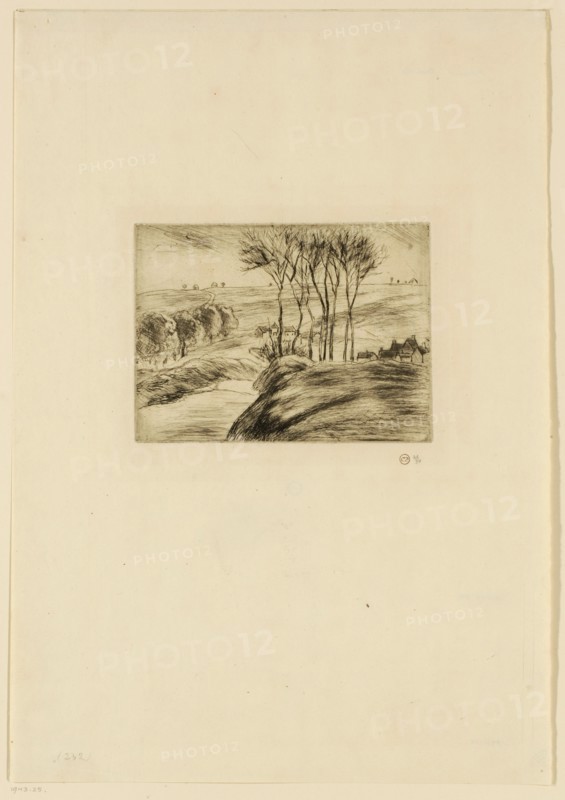 Paysage à Osny, (1887), etching and drypoint, reworked with polished steel, Deduction from 1920, 2nd condition (from 2), 50 ex. (10 on Japanese paper, 40 on Hollande), sheet: 40.4 x 28.2 cm |, Plate: 15.6 x 11.5 cm, R. under the stamp with monogram (Lugt 613f): CP, next numbered in pencil and limited: 21/50, Camille Pissarro, Charlotte Amalie, St.Thomas/Danish Virgin Island 1830–1903 Paris