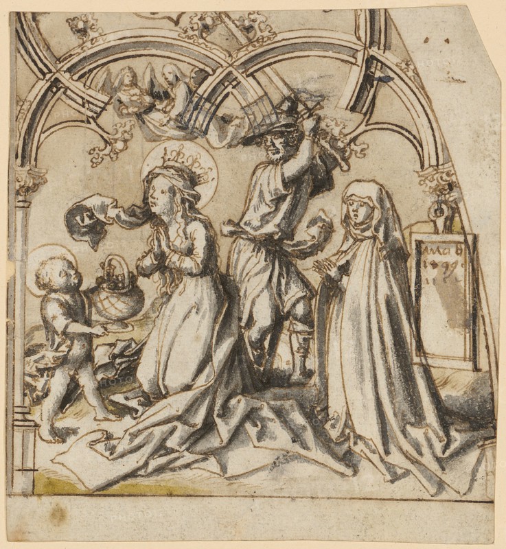 The decapitation of St. Dorothea, and donator, pen in brown, over traces of chalk outline, gray washed, ground green, background washed yellowish (faded), sheet: 12.6 x 11.6 cm, inscription on the board: ano d 1499, Hans Holbein d. Ä., Augsburg um 1460/65–1524