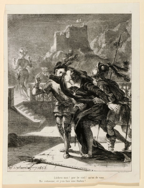 Hamlet veut suivre l'ombre de son père (William Shakespeare, Hamlet, Actes I, Scène IV), 1835, chalk lithograph, 3rd condition (from 4), sheet: 29.4 x 22.5 cm |, Picture: 25.8 x 20.3 cm, in the stone u.l., signed and dated: Eug., Delacroix., 1835th, Eugène Delacroix, Charenton-Saint-Maurice/Val-de-Marne 1798–1863 Champrosay bei Paris