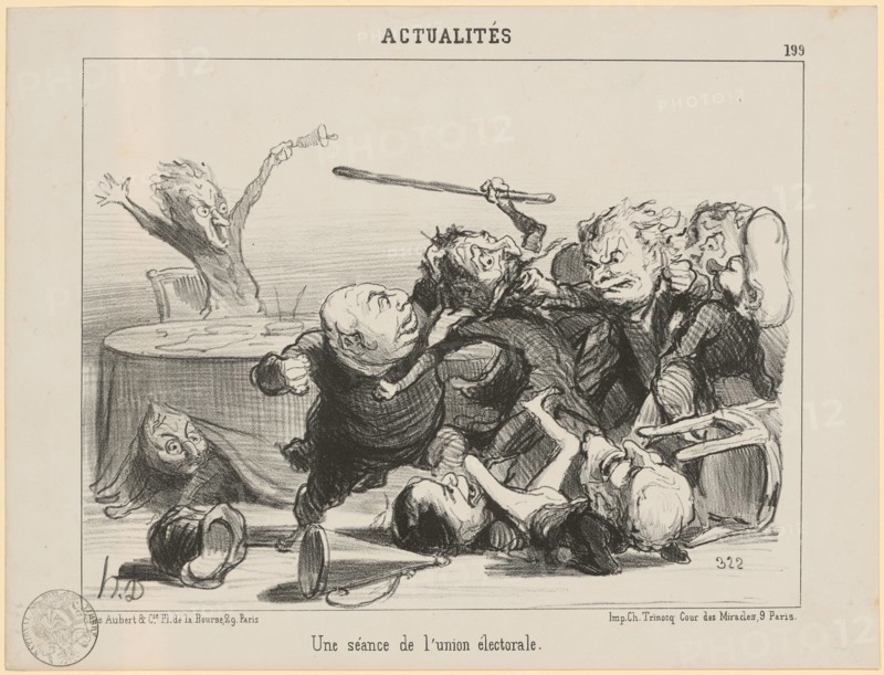 Une séance de l'union électorale, 1851, chalk lithograph, 2nd condition (from 3), sheet: 25.6 x 33.9 cm |, Image: 21.4 x 27.9 cm, Im Stein u.l., monogrammed: h.D ., u.r., numbered: 322, Honoré Daumier, Marseille 1808–1879 Valmondois/Seine-et-Oise