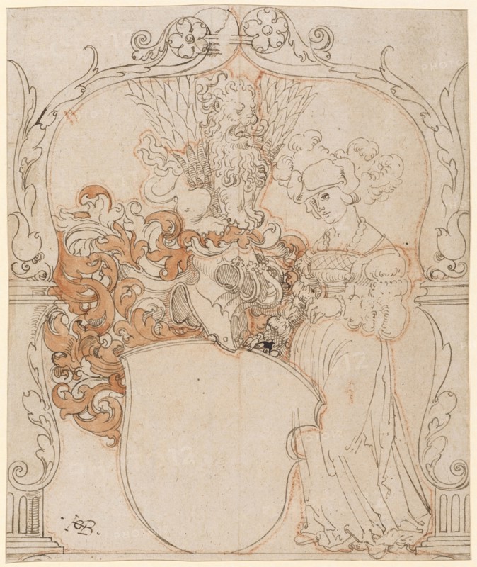 Broken glass with woman as shield holder and empty coat of arms, feather in brown, in places bright red watercolored, lead lines with red chalk, sheet: 27.6 x 23.1 cm, unsigned, Hans Baldung gen. Grien, (Umkreis / circle), Schwäbisch Gmünd (?) 1484/85–1545 Strassburg