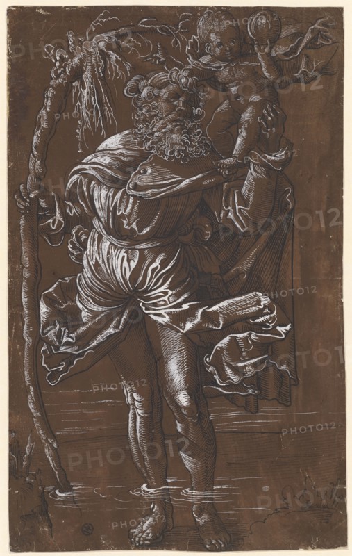 The hl., Christophorus, feather in black, heightened in white, on dark brown primed paper, folia: 33.2 x 20.6 cm, unmarked, Hans Baldung gen. Grien, (Nachfolger / follower), Schwäbisch Gmünd (?) 1484/85–1545 Strassburg