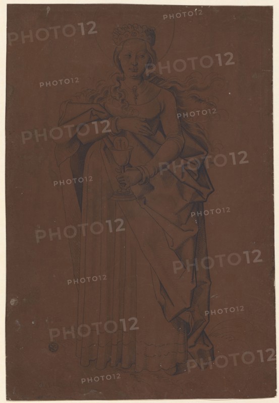 The hl., Barbara with the goblet, pen and brush in black and gray, partly washed, on dark brown primed paper, sheet: 31, 30.5 x 21 cm, unmarked, Hans Baldung gen. Grien, (Umkreis / circle), Schwäbisch Gmünd (?) 1484/85–1545 Strassburg