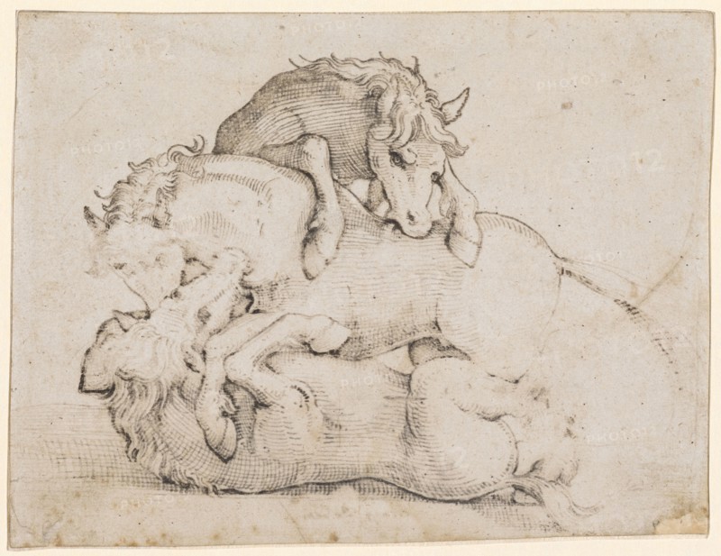 Three Fighting Wild Horses, Feather in Black, Copyspace, Sheet: 13.4 x 17.5 cm, Unsigned, Hans Baldung gen. Grien, Schwäbisch Gmünd (?) 1484/85–1545 Strassburg