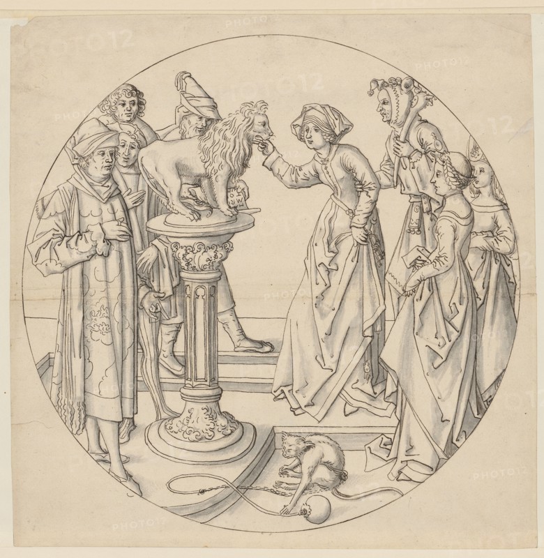 The Mouth of Truth, beginning of the 16th century, feather in brown, gray washed, page: 30 x 29.7 cm |, Image: 28.2 cm (diameter), not marked, Anonym, Oberrhein (Basel), Anfang 16. Jh.
