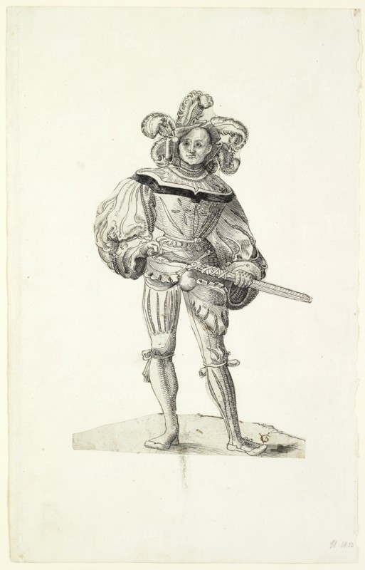 Elder Landsknecht, 1st half of the 16th century, feather in black, silhouetted, mounted on backing paper, picture: 26.8 x 17.1 cm, U. r., monogrammed with pen in brown: VG [lig., retrospectively], Niklaus Manuel gen. Deutsch, (Kopie nach (?) / copy after (?)), Bern um 1484–1530 Bern, Anonym, Schweiz, 1. Hälfte 16. Jh.