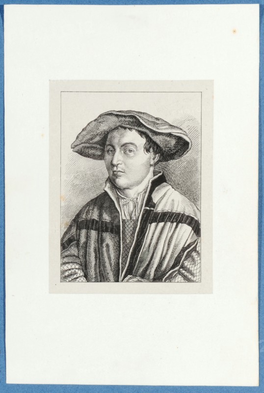 Selfportrait Hans Holbein d., J. (after the early Basler so-called self portrait with the red beret), around 1857, pen lithograph, mounted on base paper, mounted in adhesive tape, sheet: 11.7 x 9 cm, Hieronymus Hess, Zeichner, Basel 1799–1850 Basel, J. Seul, Drucker