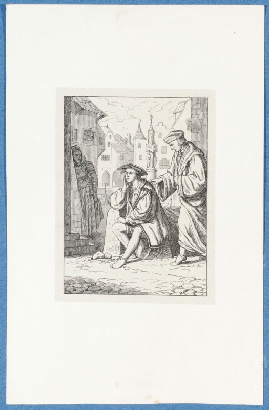 The musing Holbein is surprised by Erasmus, around 1857, pen lithograph, mounted on pad paper, mounted in adhesive tape, sheet: 11.7 x 9 cm, Hieronymus Hess, Zeichner, Basel 1799–1850 Basel, J. Seul, Drucker