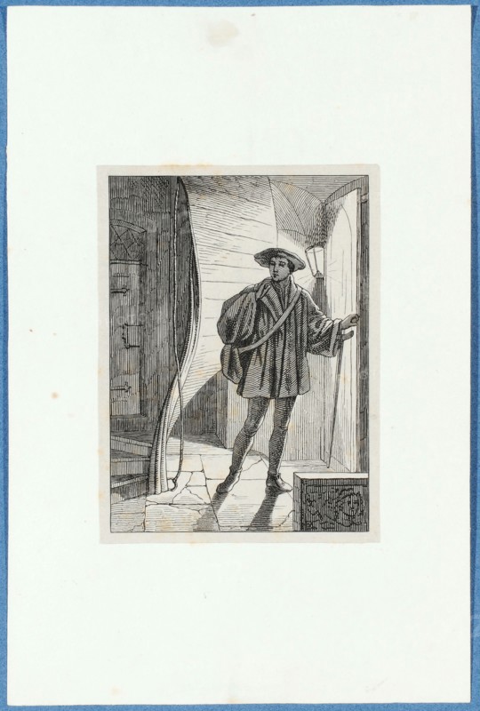 Holbein leaves home in Basel, around 1857, pen lithograph, mounted on base paper, mounted in adhesive tape, sheet: 11.7 x 9 cm, Hieronymus Hess, Zeichner, Basel 1799–1850 Basel, J. Seul, Drucker