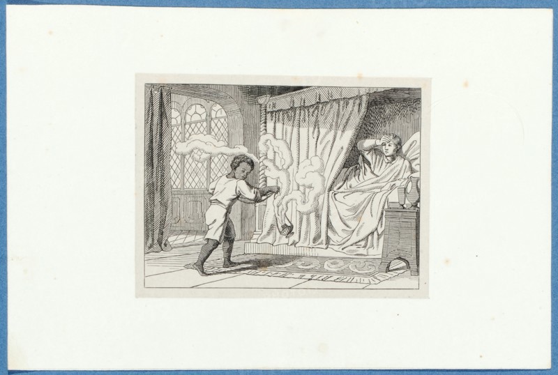 Holbein wakes up in the house of Thomas More, around 1857, pen lithograph, mounted on base paper, mounted in adhesive tape, sheet: 11.7 x 9 cm, Hieronymus Hess, Zeichner, Basel 1799–1850 Basel, J. Seul, Drucker