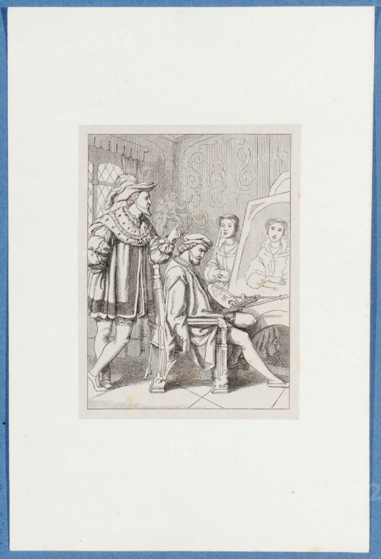 Holbein portrays Anne Boleyn, around 1857, pen lithograph, mounted on base paper, mounted in adhesive tape, sheet: 11.7 x 9 cm, Hieronymus Hess, Zeichner, Basel 1799–1850 Basel, J. Seul, Drucker