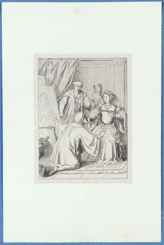Holbein portrays Catherine Howard, around 1857, pen lithograph, mounted on base paper, mounted in adhesive tape, sheet: 11.7 x 9 cm, Hieronymus Hess, Zeichner, Basel 1799–1850 Basel, J. Seul, Drucker