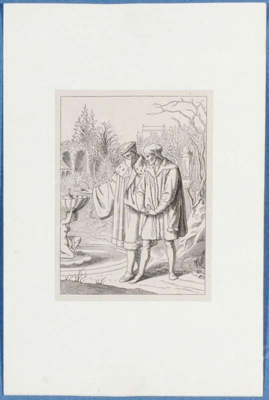 Holbein with Henry VIII in the garden, around 1857, pen lithograph, mounted on base paper, mounted in adhesive tape, sheet: 11.7 x 9 cm, Hieronymus Hess, Zeichner, Basel 1799–1850 Basel, J. Seul, Drucker