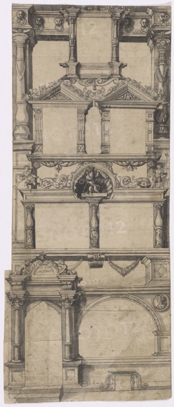 Design for a facade painting at the house Zum Greifenstein in Basel, 1st half of the 16th century, pen in black, over chalk outline, gray wash, composed of two bows and a narrow strip at the bottom left, page: 75.6, 76.6 x 30.4 cm, 32.5, cm, Above the door: HOW TO HAND, HANDLE, Hans Holbein d. J., (Nachfolger / follower), Augsburg um 1497/98–1543 London, Matthäus Han, (?), Basel um 1513– vor 1594 Basel