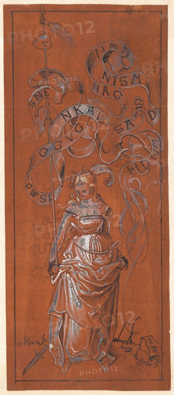 Girl with impaled heart, c. 1510/14, pen in black, pen and brush in white, with brush pink and yellow tinted, on reddish brown primed paper, page: 25.8 x 11 cm, inscribed on the reel: SNE, GWSP [?], GGVG, NKAW, HDNM, SASD, NISM, NRG, NMD, u., monogrammed on the stone block: NMD, also designated: NKAW, u, ., l, ., slanted dagger, Niklaus Manuel gen. Deutsch, Bern um 1484–1530 Bern