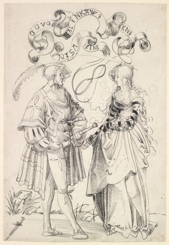 Nobleman and Fraulein in Conversation (The Challenge of a Freeman), 1510/14, feather in black, sheet: 29.5 x 20.3 cm, O. M. on the reel labeled: GGVG, AL, NKAW, EKNF [?], NISM, EINK, u, ., l, ., monogrammed on the stone block: NMD, below oblique dagger, Niklaus Manuel gen. Deutsch, Bern um 1484–1530 Bern