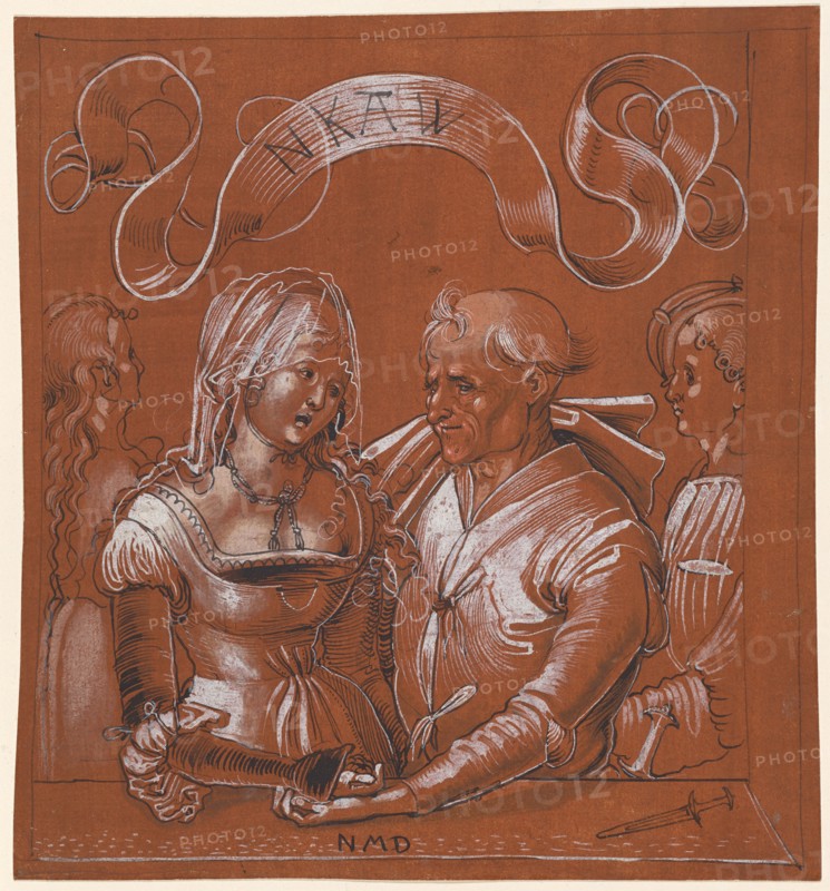 Unequal pair, c. 1510, pen in black, washed, brush and pen in white, partly tinted with a brush in pink, on russet brown primed paper, sheet: 20.8 x 19.7 cm, O. inscribed on the reel with pen in black: NKAW, u, ., Monogrammed M. NMD, u, ., r., slanted dagger, Niklaus Manuel gen. Deutsch, Bern um 1484–1530 Bern