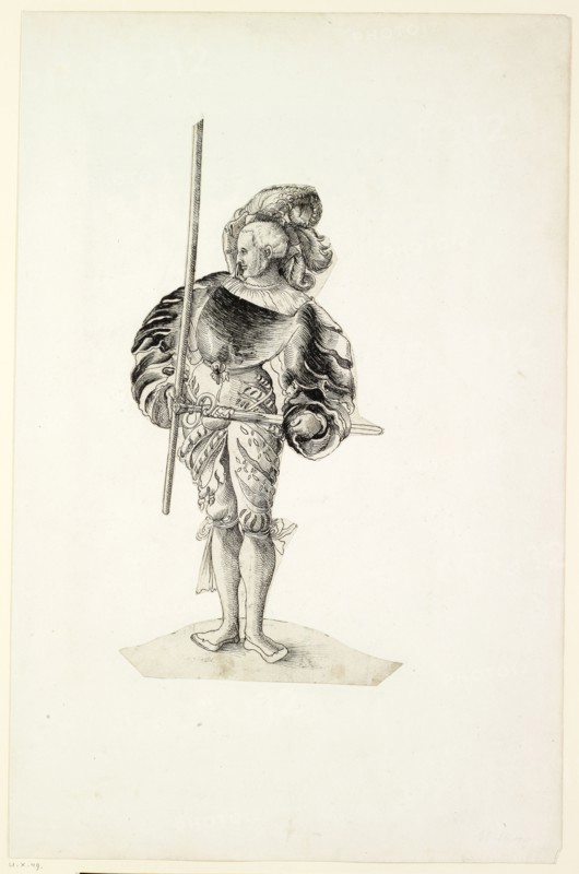 Warrior with beret, lance and sword, 1st half of the 16th century, feather in black, silhouetted, raised, picture: 25.8 x 13.6 cm, not marked, Niklaus Manuel gen. Deutsch, (Kopie nach (?) / copy after (?)), Bern um 1484–1530 Bern, Anonym, Schweiz, 1. Hälfte 16. Jh.