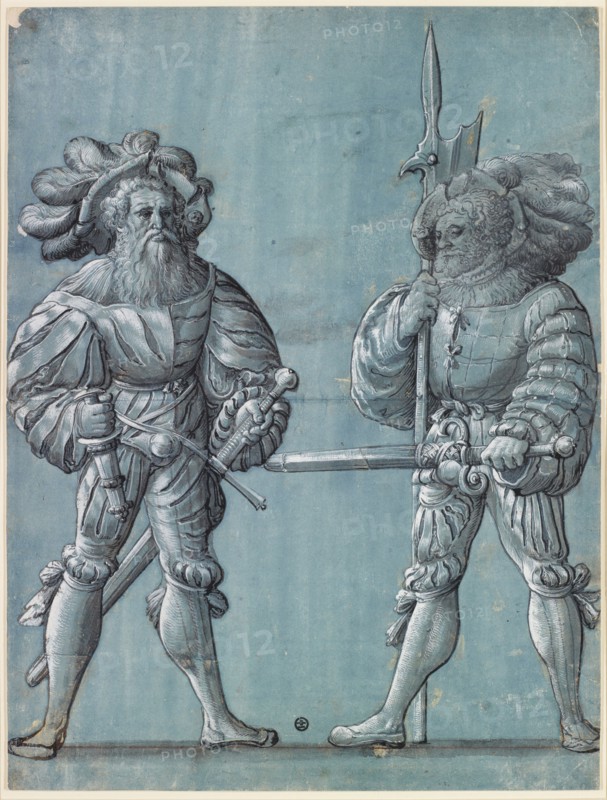 Two standing warriors, feather and brush in black and gray, heightened in white, cut out along the contour lines, on old gray-ground primed paper, laminated, sheet: 42.5 x 32.1 cm, unmarked, Hans Rudolf Manuel gen. Deutsch, (zugeschrieben / attributed to), Erlach/Bern 1525–1571 Morges/Waadt