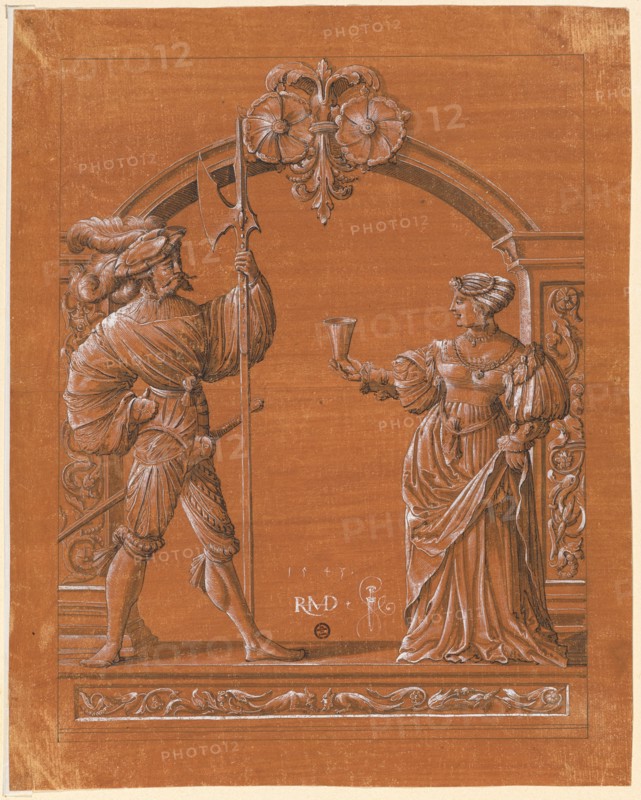 Sliced paper with woman handing the welcome drink to a lansquenet, 1543, pen in black, gray washed, heightened with white, on paper primed in orange-brown, sheet: 37 x 29.4 cm |, Photo: 32.3 x 25 cm, U. M. monogrammed and dated with pen in white: 1543, HRMD [lig.], standing dagger with bow, Hans Rudolf Manuel gen. Deutsch, Erlach/Bern 1525–1571 Morges/Waadt