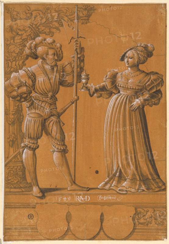 Broken glass with a woman handing the welcome drink to a lansquen with a lance, 1549, pen in black, gray washed, heightened in white, on paper primed in orange-brown, sheet: 30.9 x 21.3 cm, signed and dated: 1549 HRMD [lig, .], dagger with bow next to it, Hans Rudolf Manuel gen. Deutsch, Erlach/Bern 1525–1571 Morges/Waadt