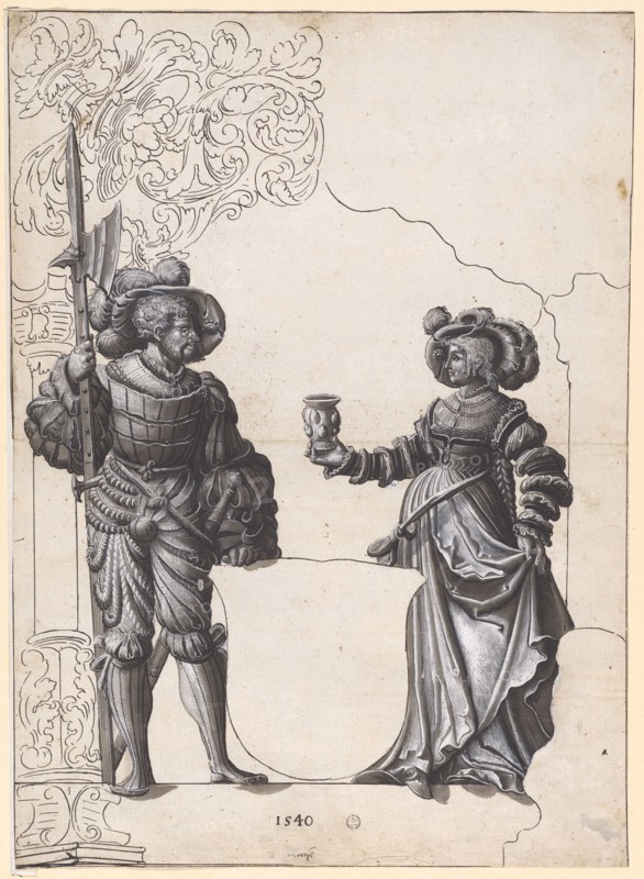 Broken glass with a woman handing the welcome drink to a halberdier and blank blazon, 1540, feather in black, brush in black and gray brown, heightened with white, sheet: 43.5 x 31.5 cm, U. M. with pen dated in black: 1540, below: ... [illegible], Hans Rudolf Manuel gen. Deutsch, (?), Erlach/Bern 1525–1571 Morges/Waadt